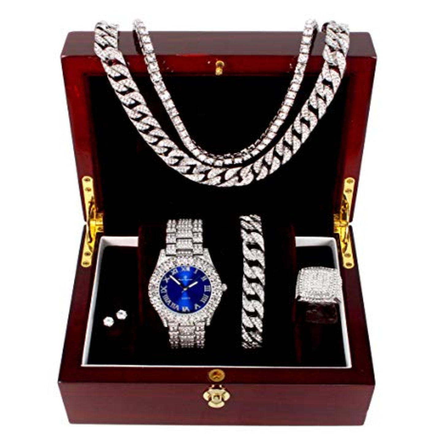 Fully Iced Hip Hop Big Rocks Bezel Color Dial Cuban Chain Bracelet Necklace Tennis Chain Ring Set - Samuels Jewelers