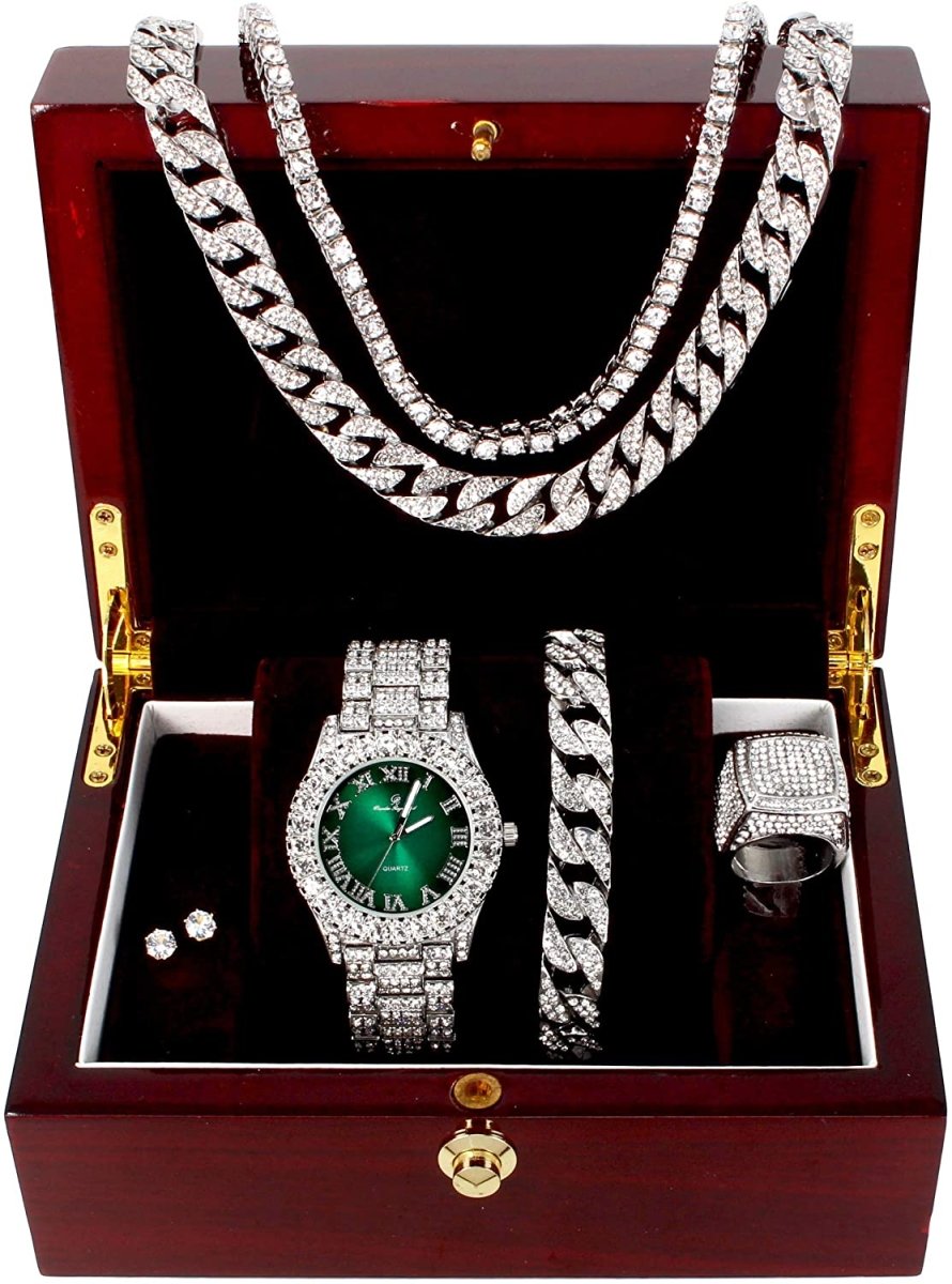 Fully Iced Hip Hop Big Rocks Bezel Color Dial Cuban Chain Bracelet Necklace Tennis Chain Ring Set - Samuels Jewelers