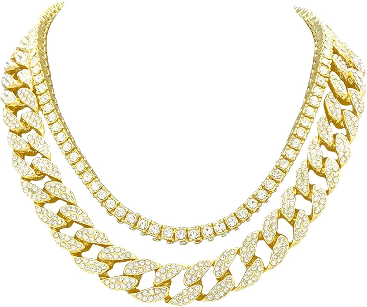 Fully Iced Hip Hop Big Rocks Bezel Color Dial Cuban Chain Bracelet Necklace Tennis Chain Ring Set - Samuels Jewelers