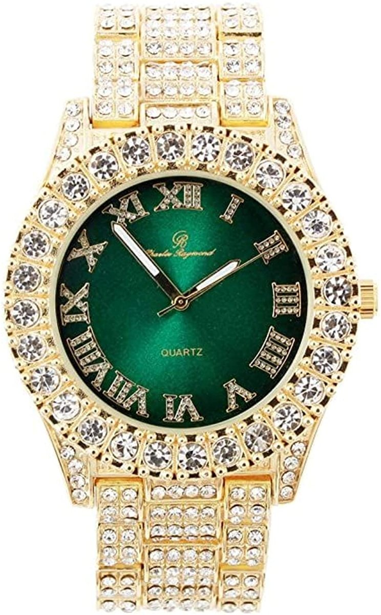 Fully Iced Hip Hop Big Rocks Bezel Color Dial Cuban Chain Bracelet Necklace Tennis Chain Ring Set - Samuels Jewelers