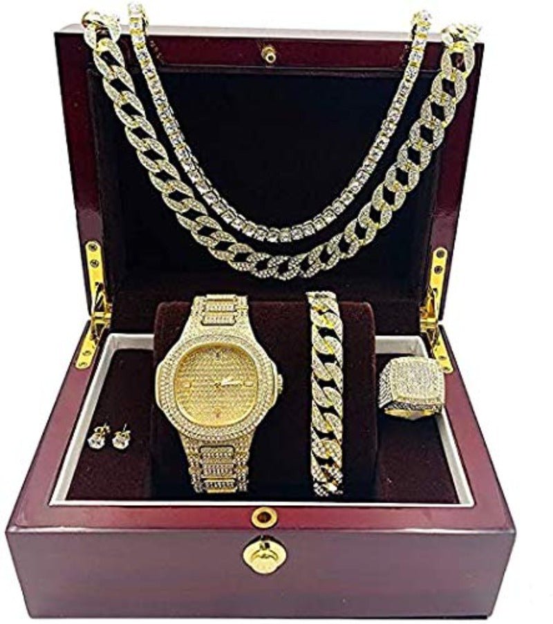 Gold Bling - ed Out Men Watch Cuban Chain Bracelet, Cuban Necklace Tennis Chain Ring - Samuels Jewelers
