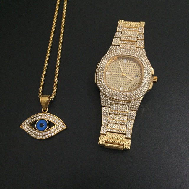 Watch Necklace Chain Ice Out Cuban Hip Hop Luxury Combo Set - Samuels Jewelers