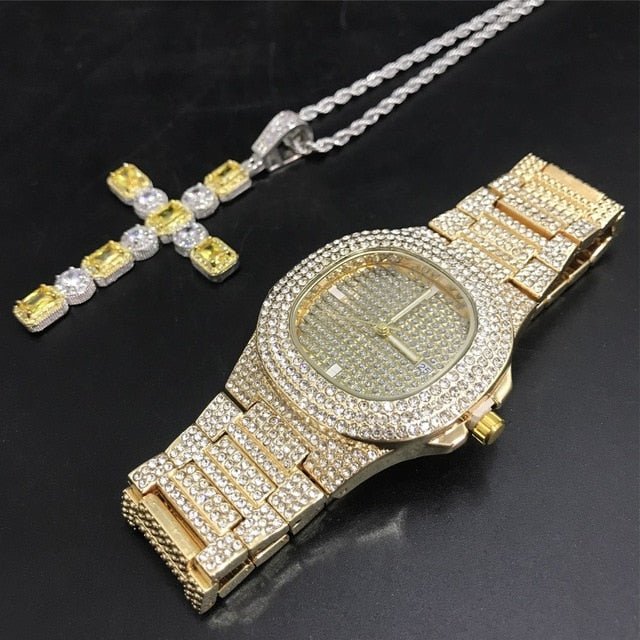 Watch Necklace Chain Ice Out Cuban Hip Hop Luxury Combo Set - Samuels Jewelers