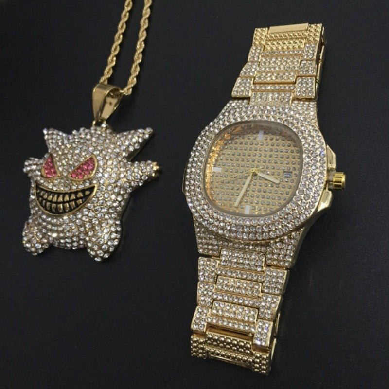 Watch Necklace Chain Ice Out Cuban Hip Hop Luxury Combo Set - Samuels Jewelers
