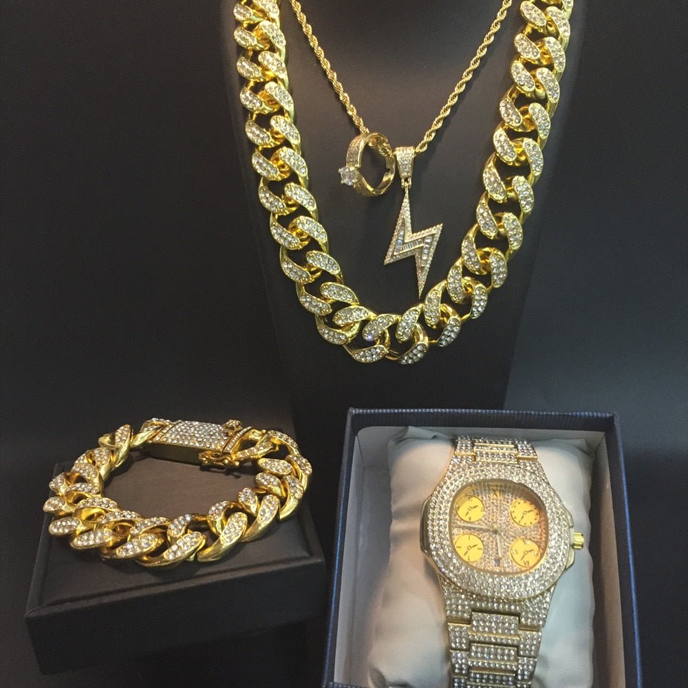 Luxury Hip Hop Necklace Watch Necklace Bracelet Ring Combo Ice Out Cuban Jewelry Set - Samuels Jewelers