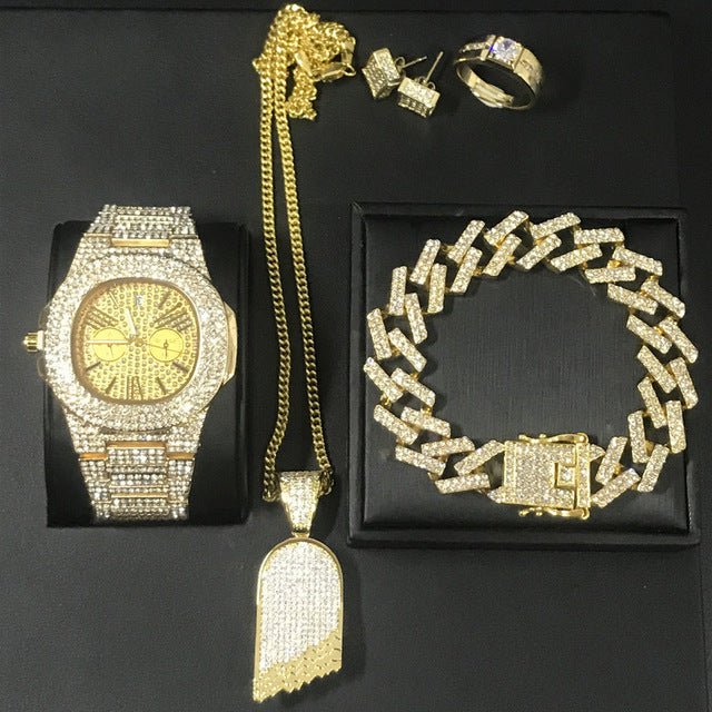 Hip Hop Watch Necklace Bracelet Ring Earring Luxury Set - Samuels Jewelers