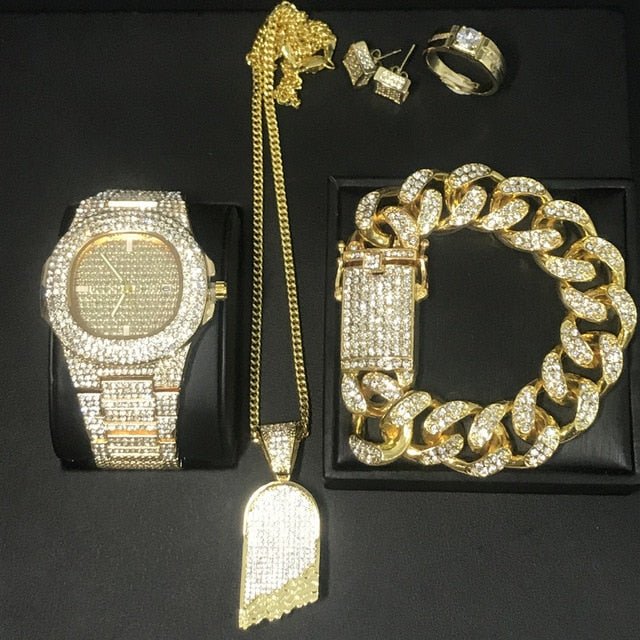 Hip Hop Watch Necklace Bracelet Ring Earring Luxury Set - Samuels Jewelers