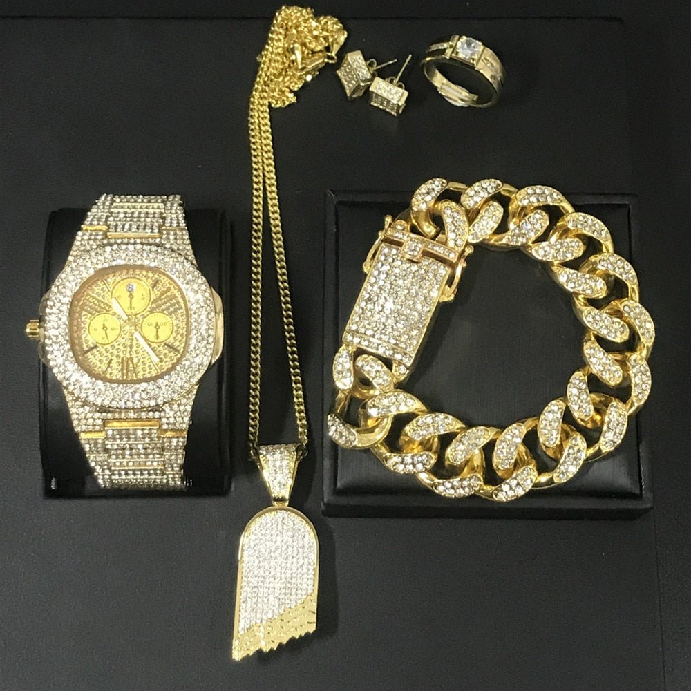 Hip Hop Watch Necklace Bracelet Ring Earring Luxury Set - Samuels Jewelers