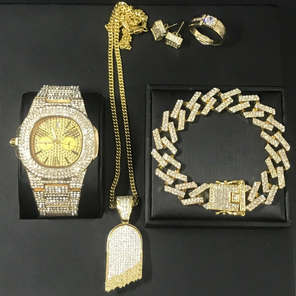 Hip Hop Watch Necklace Bracelet Ring Earring Luxury Set - Samuels Jewelers
