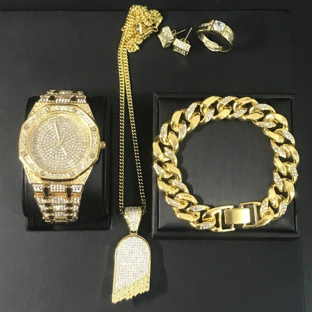 Hip Hop Watch Necklace Bracelet Ring Earring Luxury Set - Samuels Jewelers