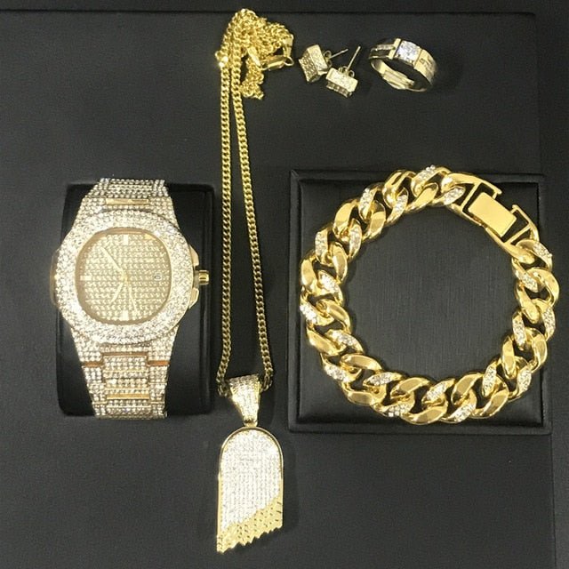 Hip Hop Watch Necklace Bracelet Ring Earring Luxury Set - Samuels Jewelers