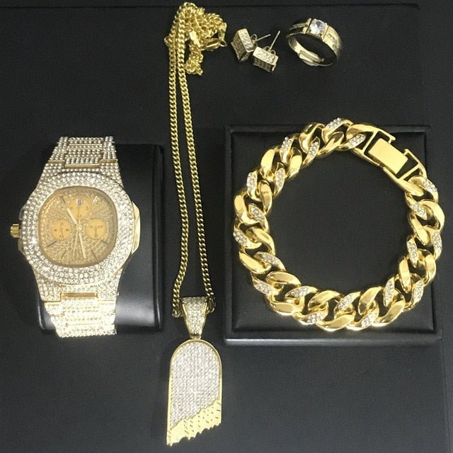 Hip Hop Watch Necklace Bracelet Ring Earring Luxury Set - Samuels Jewelers
