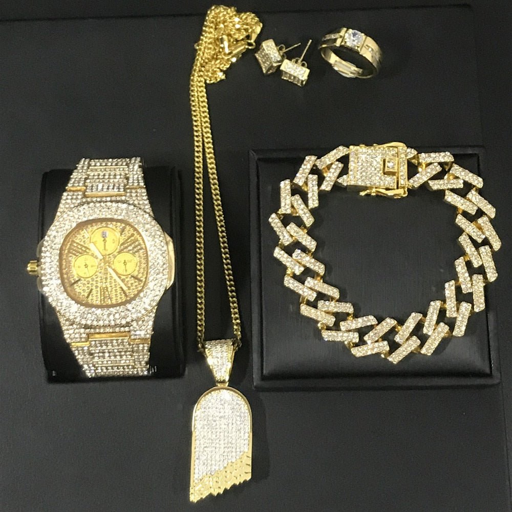 Hip Hop Watch Necklace Bracelet Ring Earring Luxury Set - Samuels Jewelers