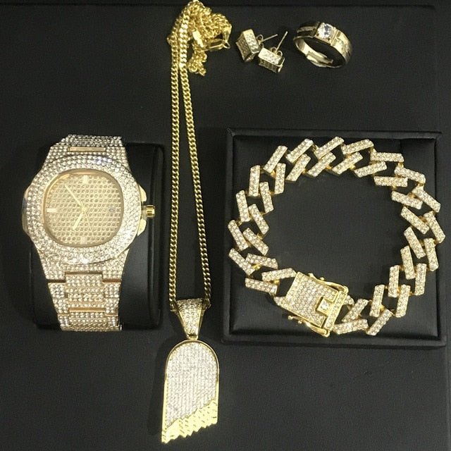 Hip Hop Watch Necklace Bracelet Ring Earring Luxury Set - Samuels Jewelers
