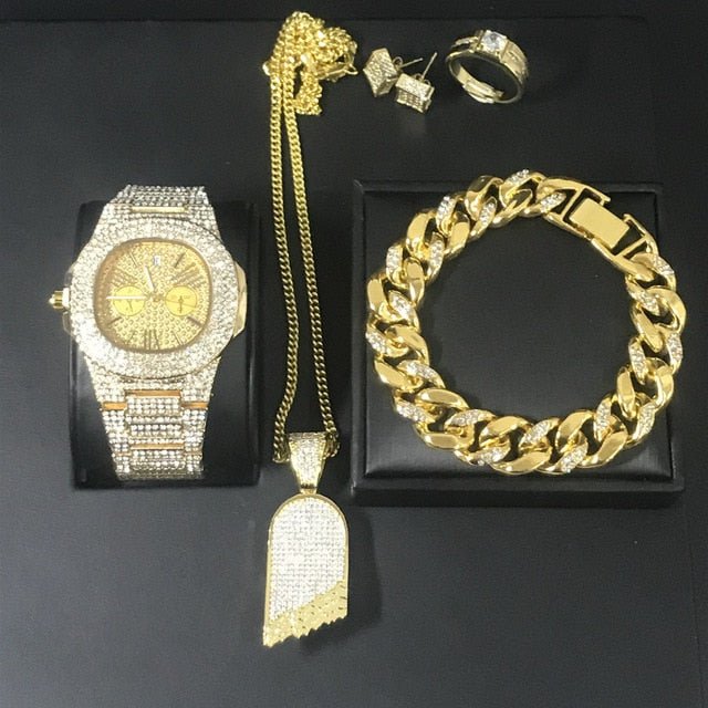Hip Hop Watch Necklace Bracelet Ring Earring Luxury Set - Samuels Jewelers