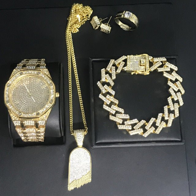 Hip Hop Watch Necklace Bracelet Ring Earring Luxury Set - Samuels Jewelers