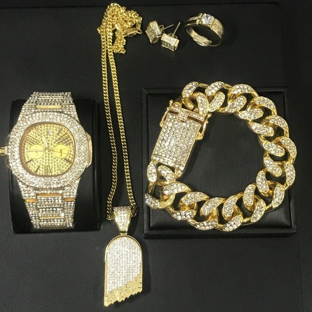Hip Hop Watch Necklace Bracelet Ring Earring Luxury Set - Samuels Jewelers