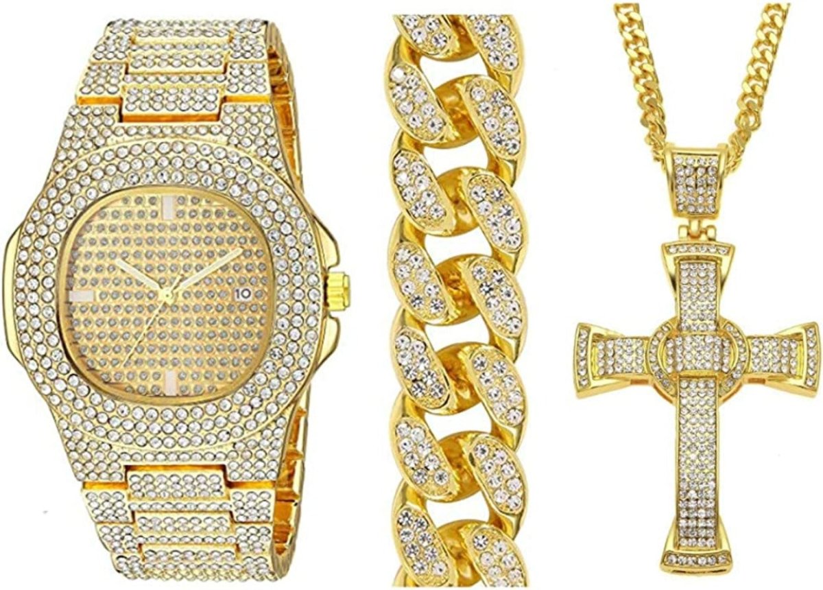 Luxury Ice and Gold Brilliance: 18K Gold Bracelet, Necklace, and Diamond Wristwatch Set - Samuels Jewelers
