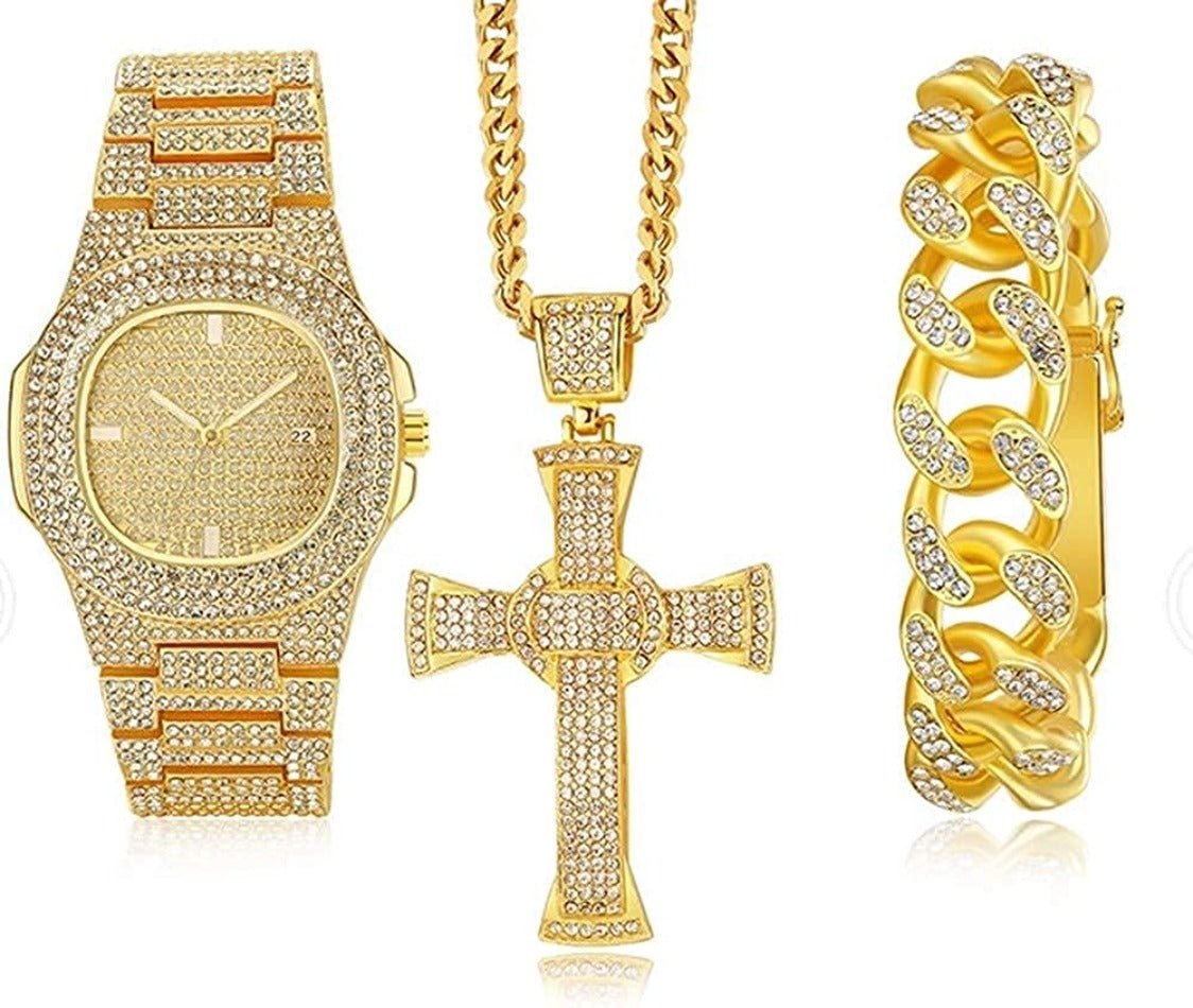 Luxury Ice and Gold Brilliance: 18K Gold Bracelet, Necklace, and Diamond Wristwatch Set - Samuels Jewelers