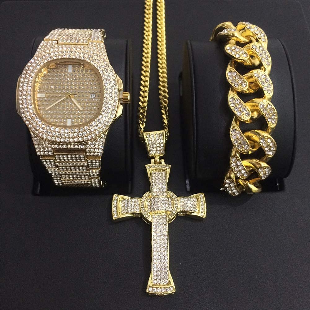 Luxury Ice and Gold Brilliance: 18K Gold Bracelet, Necklace, and Diamond Wristwatch Set - Samuels Jewelers