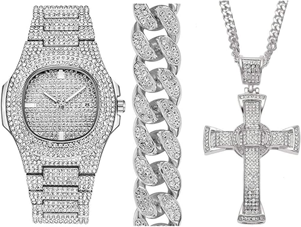 Luxury Ice and Gold Brilliance: 18K Gold Bracelet, Necklace, and Diamond Wristwatch Set - Samuels Jewelers