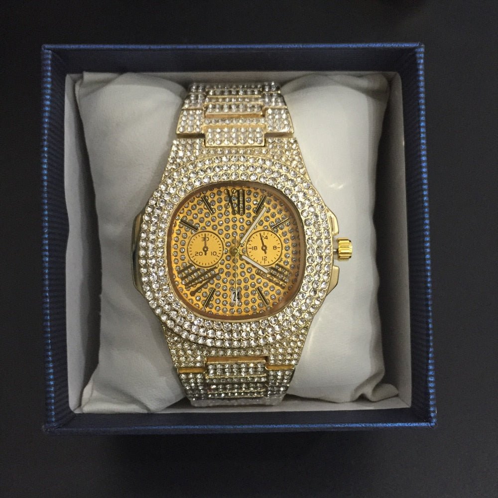 Gold Watch Necklace Bracelet Ring Earrings Ice Out Cuban Set - Samuels Jewelers