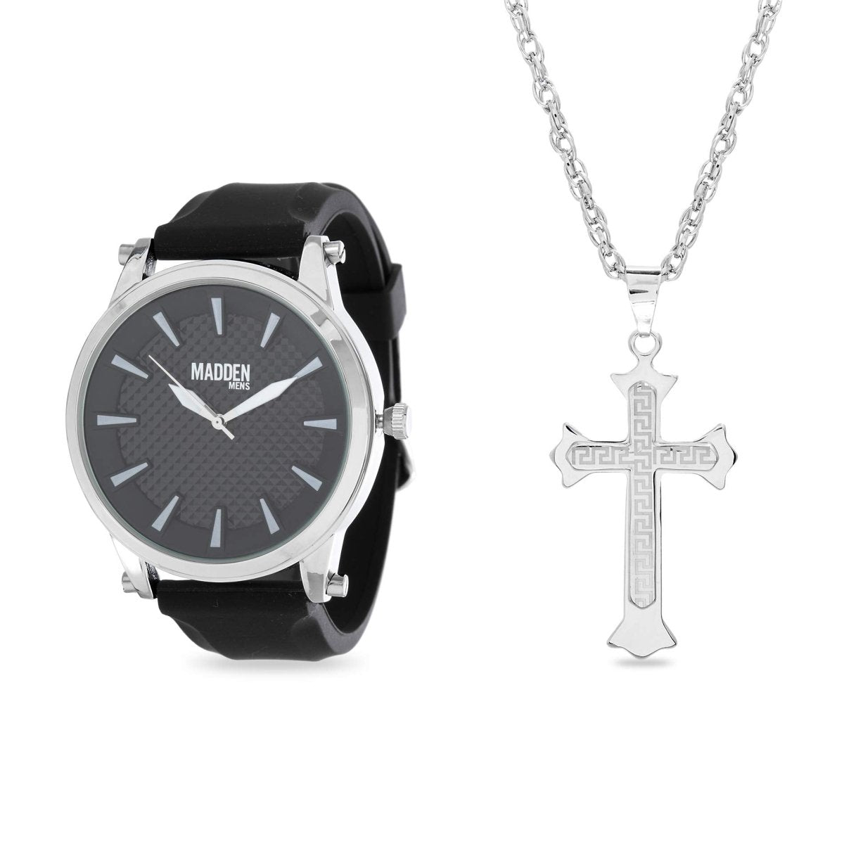 Rhodium Plated and Black Band Watch with Cross Pendant Necklace Jewelry Set - Samuels Jewelers