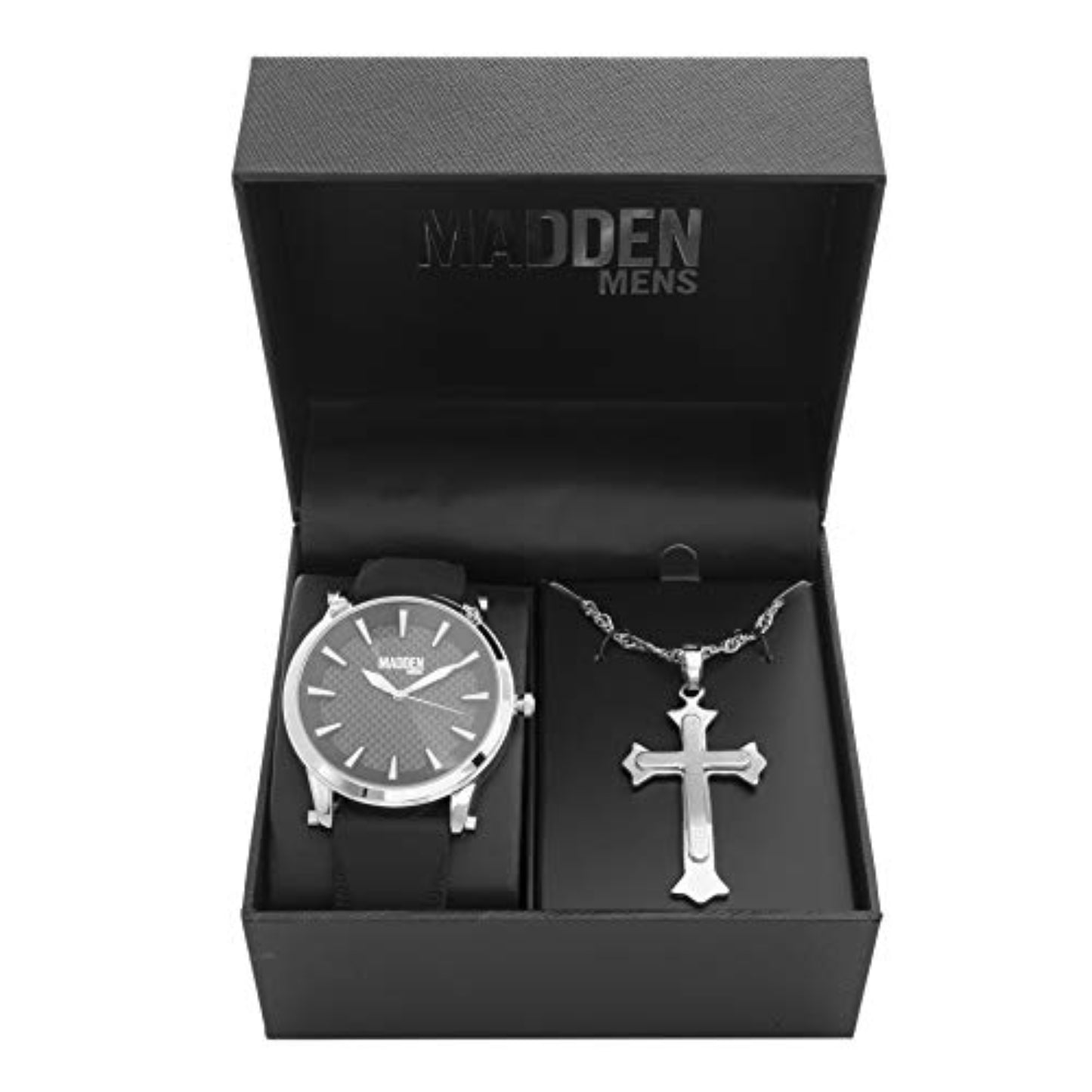 Rhodium Plated and Black Band Watch with Cross Pendant Necklace Jewelry Set - Samuels Jewelers