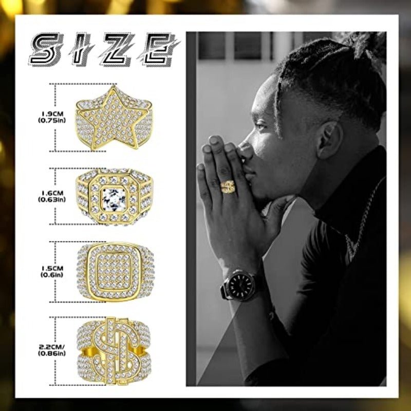Set of 5Pcs 18K Gold Plated Bling Pinky Ring Simulated Diamond Iced Out Ring CZ Punky Rappers - Samuels Jewelers