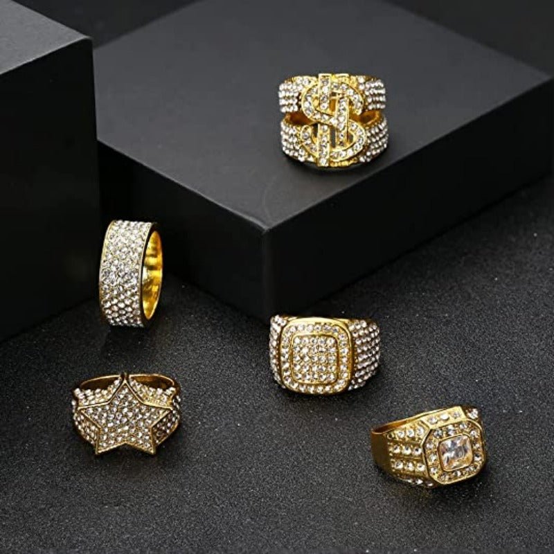 Set of 5Pcs 18K Gold Plated Bling Pinky Ring Simulated Diamond Iced Out Ring CZ Punky Rappers - Samuels Jewelers
