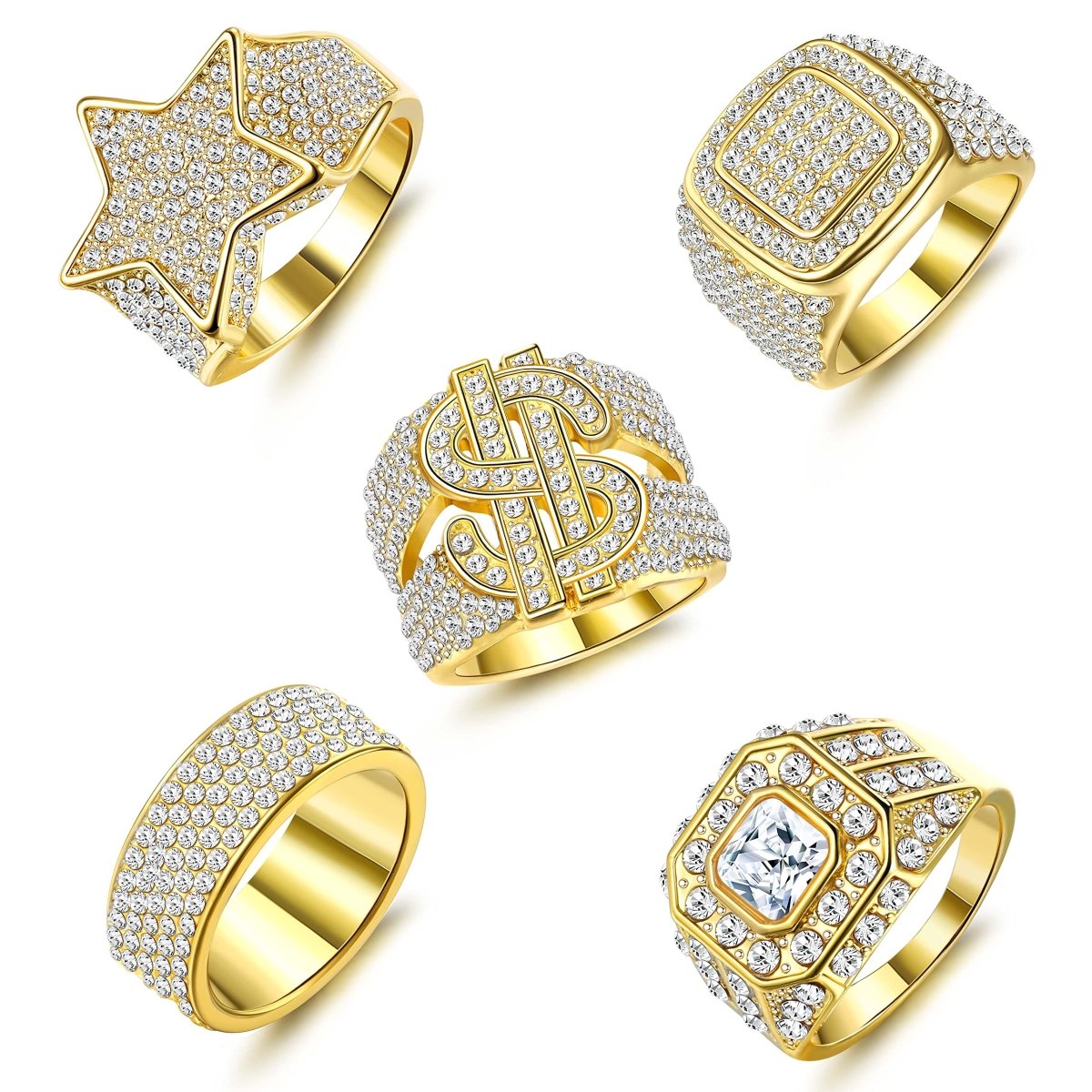 Set of 5Pcs 18K Gold Plated Bling Pinky Ring Simulated Diamond Iced Out Ring CZ Punky Rappers - Samuels Jewelers