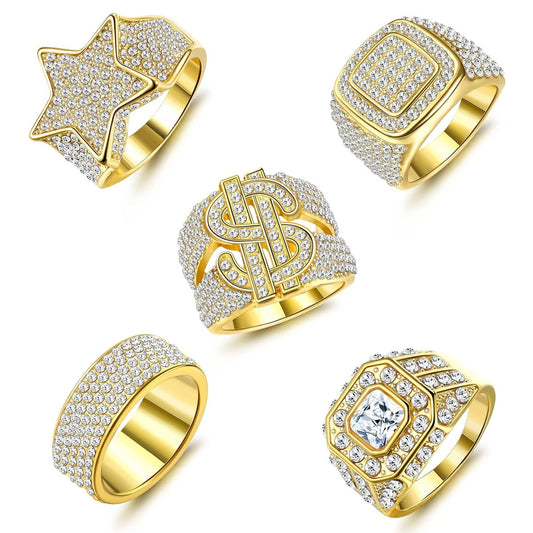 Set of 5Pcs 18K Gold Plated Bling Pinky Ring Simulated Diamond Iced Out Ring CZ Punky Rappers - Samuels Jewelers