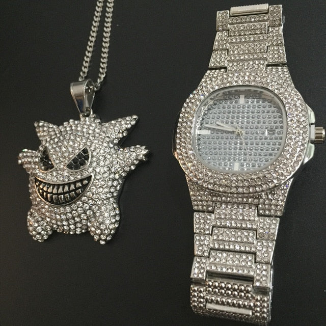 Luxury Combo Set Watch Necklace Chain Ice Out Cuban Hip Hop Jewelry - Samuels Jewelers