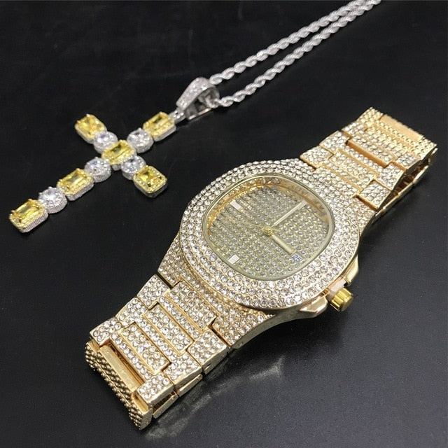 Luxury Combo Set Watch Necklace Chain Ice Out Cuban Hip Hop Jewelry - Samuels Jewelers