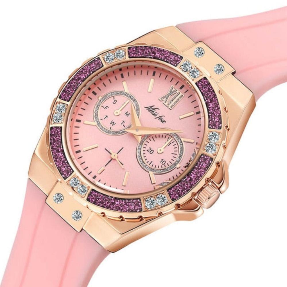 Watches Chronograph Rose Gold Sport Watch Ladies Diamond Blue Rubber - Samuels Jewelers