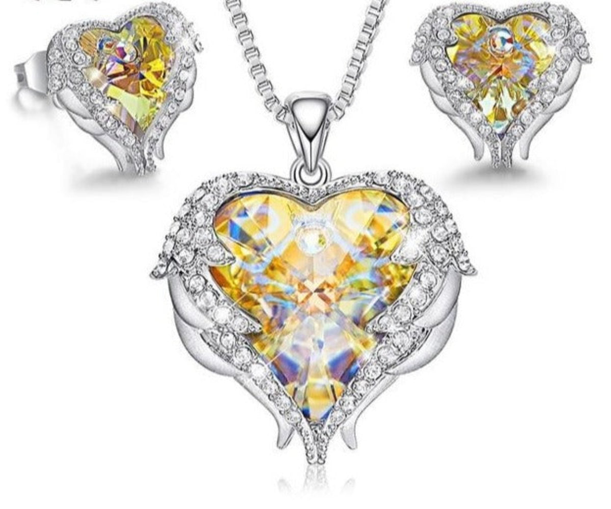 Necklace Earrings Jewelry Set Embellished Crystals Heart Pendant Stud - Samuels Jewelers