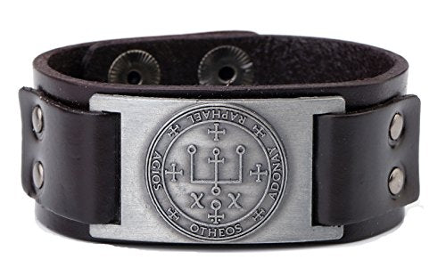 Vintage Solomon Sigil of Archangel Raphael Metal Craft Connector Enoch Talisman Cuff Leather Bracelet - Samuels Jewelers