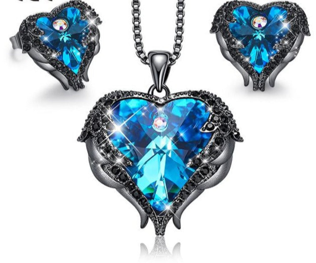 Necklace Earrings Jewelry Set Embellished Crystals Heart Pendant Stud - Samuels Jewelers