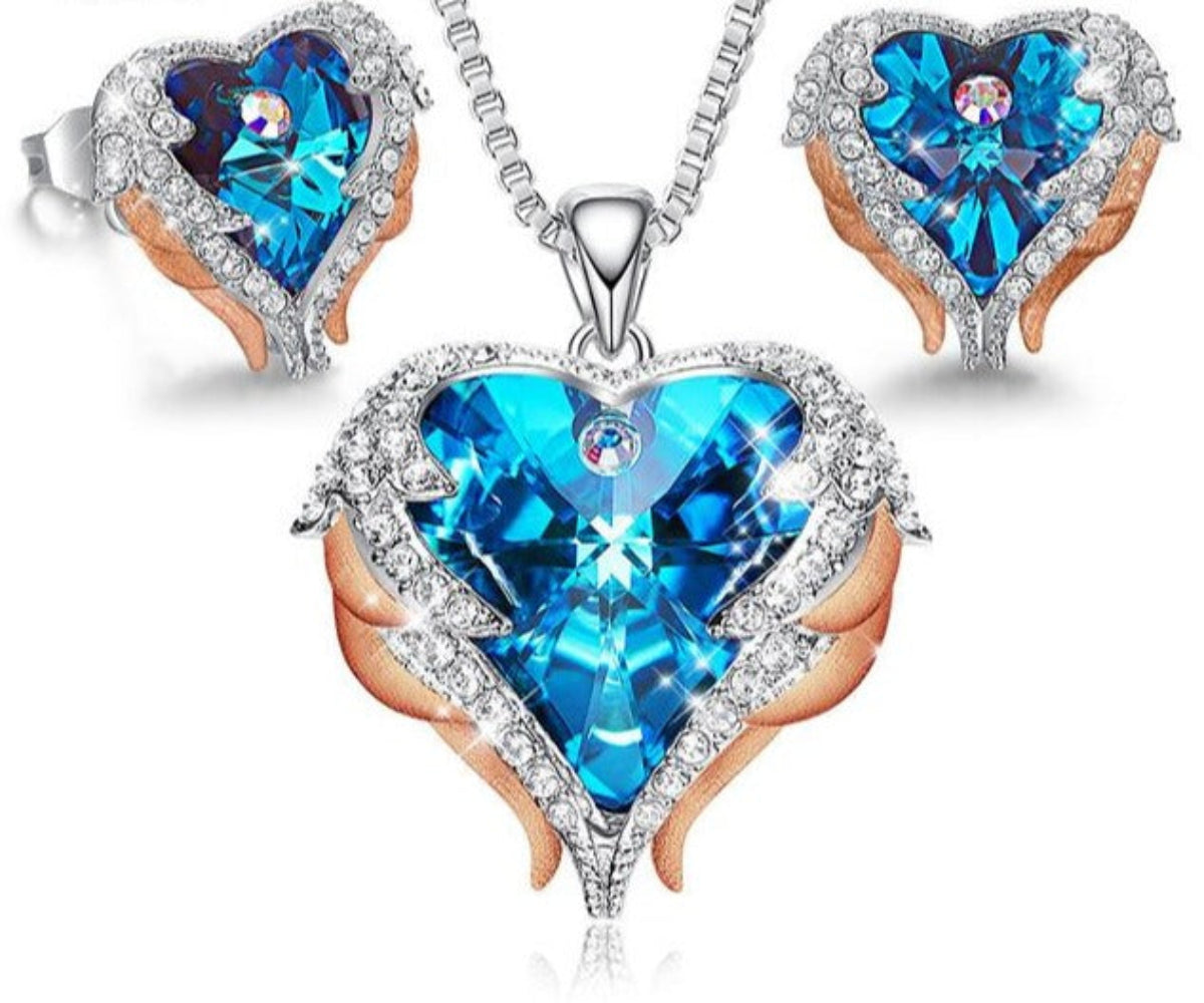 Necklace Earrings Jewelry Set Embellished Crystals Heart Pendant Stud - Samuels Jewelers