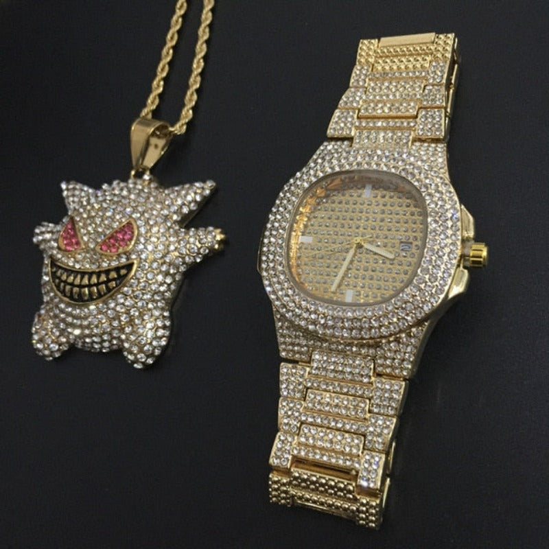 Luxury Combo Set Watch Necklace Chain Ice Out Cuban Hip Hop Jewelry - Samuels Jewelers