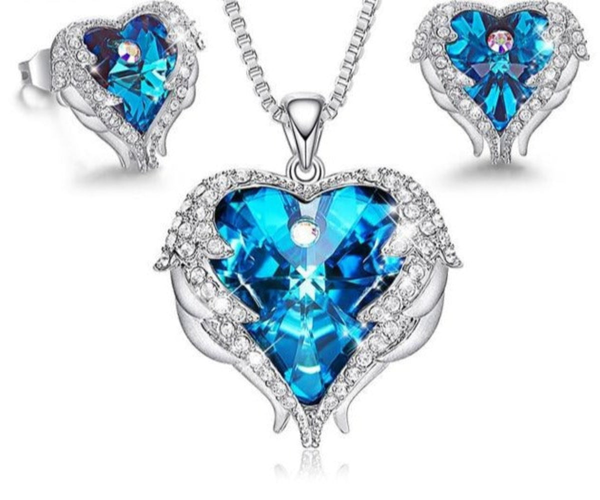 Necklace Earrings Jewelry Set Embellished Crystals Heart Pendant Stud - Samuels Jewelers
