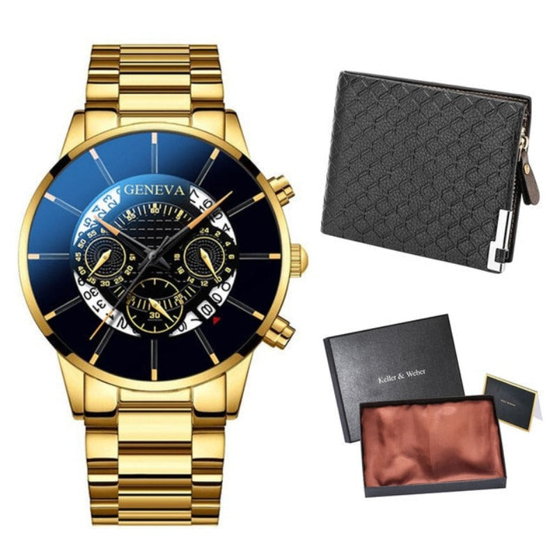 Gold Men Minimalist Quartz Dial Wristwatch Folding Buckle Leather Wallet - Samuels Jewelers