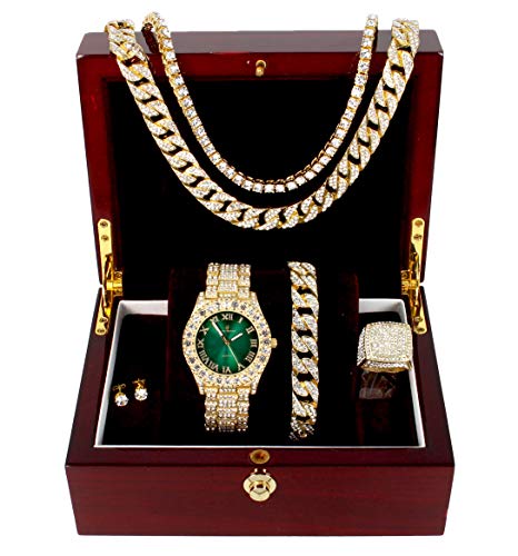 Fully Iced Hip Hop Big Rocks Bezel Color Dial Cuban Chain Bracelet, Cuban Necklace, Tennis Chain & Ring - Samuels Jewelers