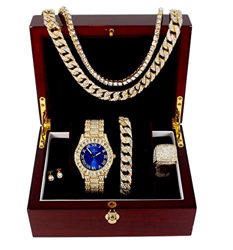 Fully Iced Hip Hop Big Rocks Bezel Color Dial Cuban Chain Bracelet, Cuban Necklace, Tennis Chain & Ring - Samuels Jewelers
