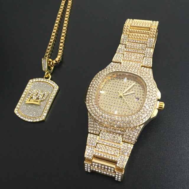 Luxury Combo Set Watch Necklace Chain Ice Out Cuban Hip Hop Jewelry - Samuels Jewelers