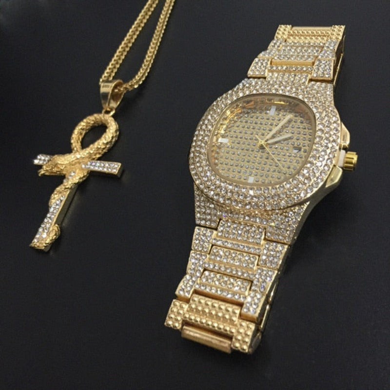 Luxury Combo Set Watch Necklace Chain Ice Out Cuban Hip Hop Jewelry - Samuels Jewelers