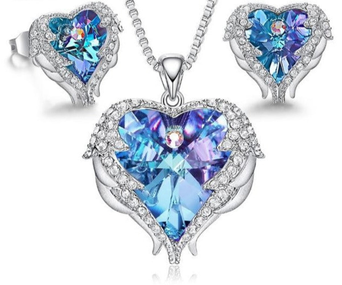 Necklace Earrings Jewelry Set Embellished Crystals Heart Pendant Stud - Samuels Jewelers