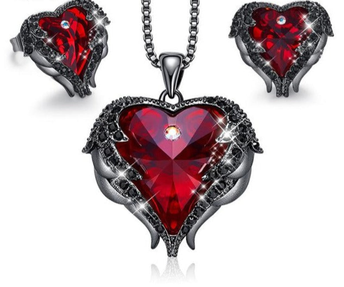 Necklace Earrings Jewelry Set Embellished Crystals Heart Pendant Stud - Samuels Jewelers