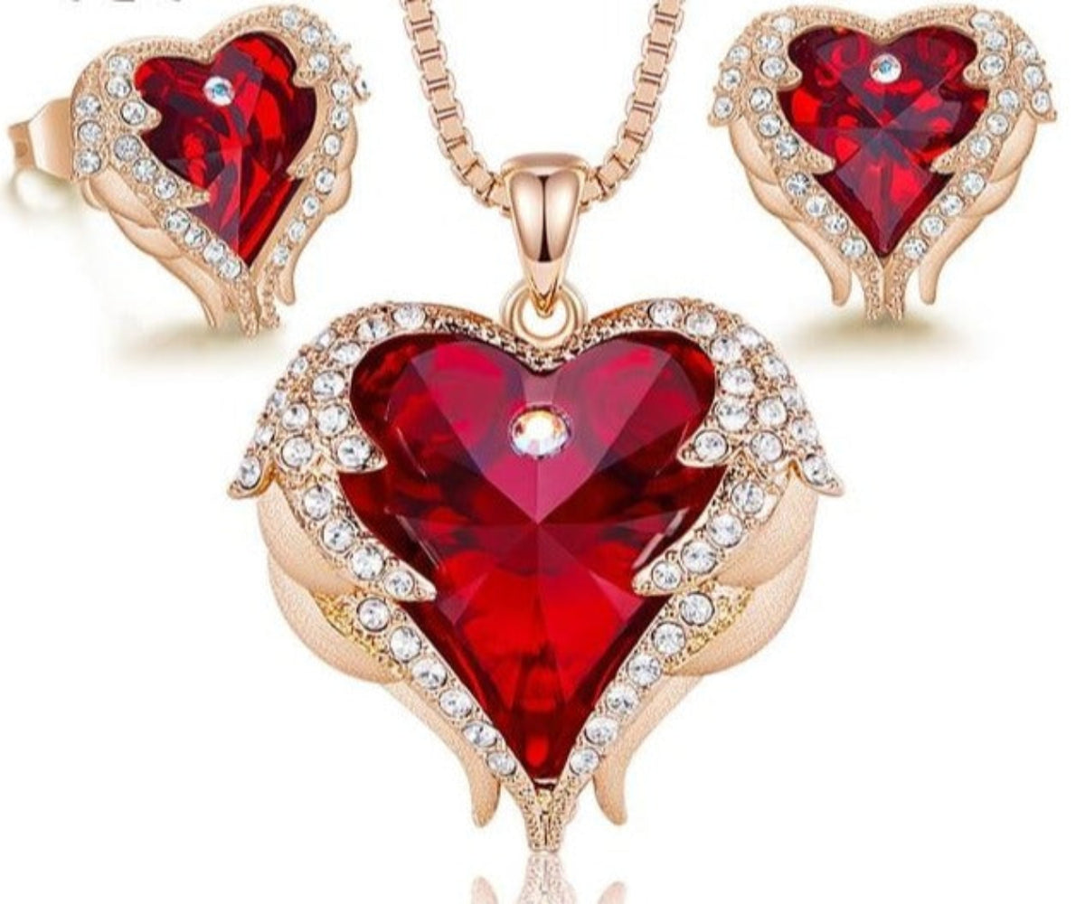 Necklace Earrings Jewelry Set Embellished Crystals Heart Pendant Stud - Samuels Jewelers