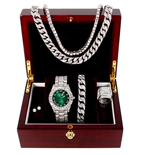 Fully Iced Hip Hop Big Rocks Bezel Color Dial Cuban Chain Bracelet, Cuban Necklace, Tennis Chain & Ring - Samuels Jewelers